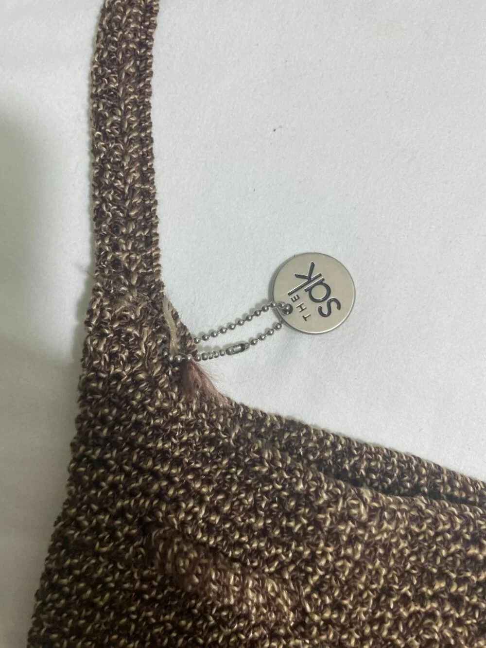 The Sak Brown Crochet Knit Drawstring Shoulder Bag Boho Slouch Hobo Purse